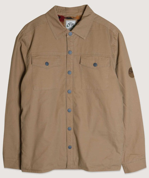 Tan jacket with button details on a white background