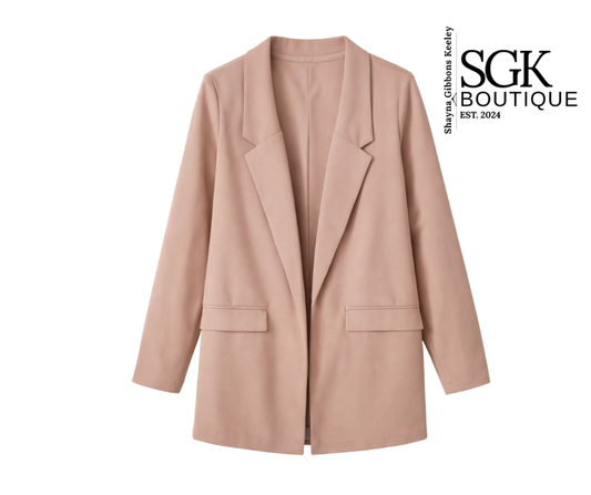 Beige blazer on a white background with SGK Boutique branding.