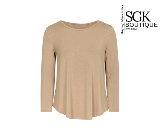 Beige long-sleeve top on a white background with SGK Boutique logo.