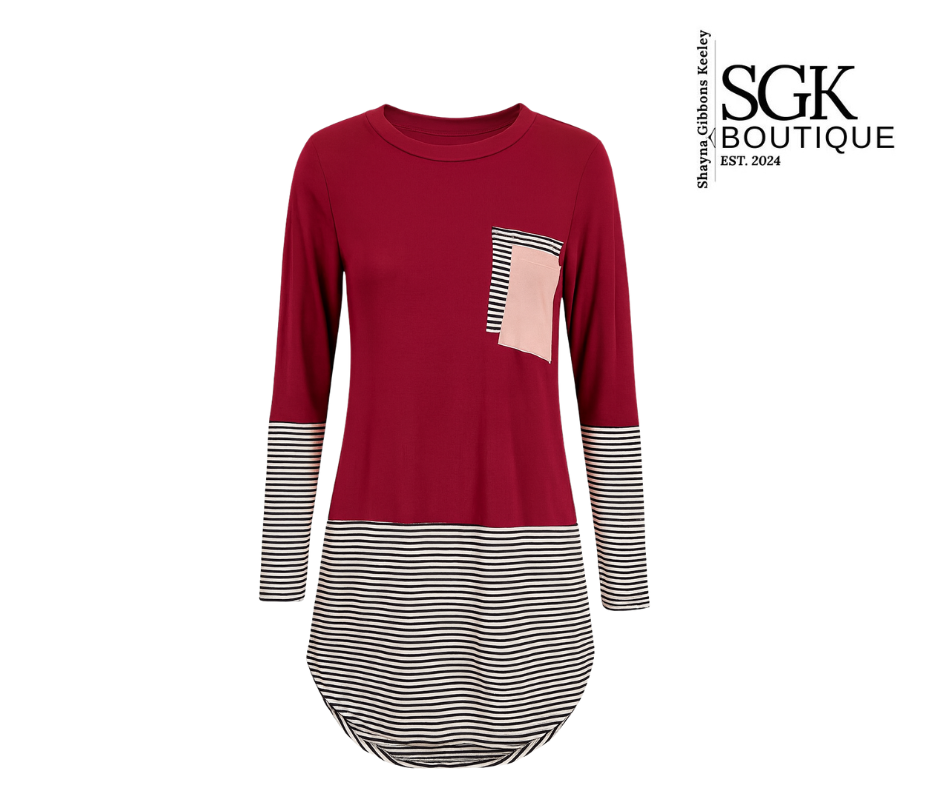 Burgundy long-sleeve top with striped pattern and pocket on a white background, featuring SGK Boutique logo.
