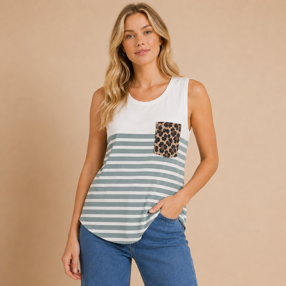 Woman wearing a white and green striped tank top with a leopard print pocket on a beige background