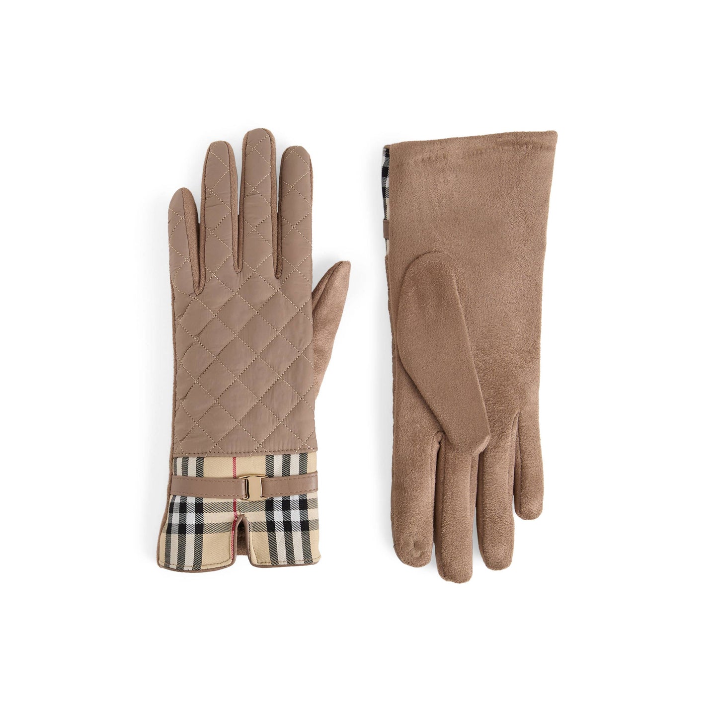 Pair of beige gloves with checkered pattern on a white background