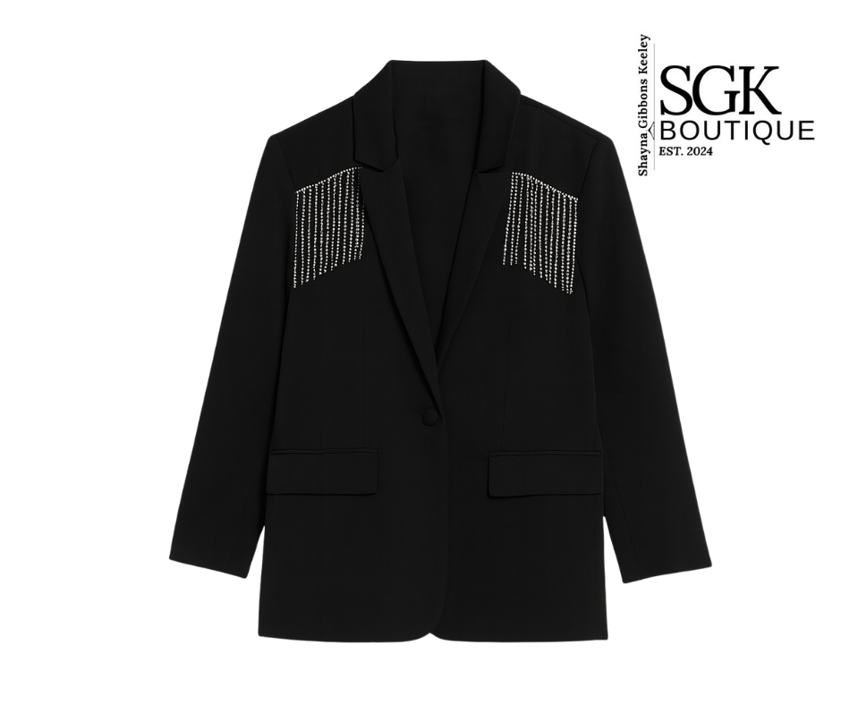 Black blazer with rhinestone details on a white background, featuring the SGK Boutique logo.