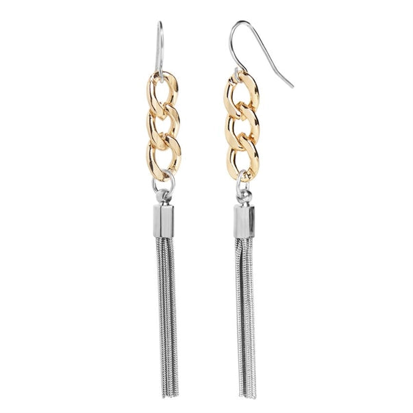 Gold and silver chain tassel earrings on a white background