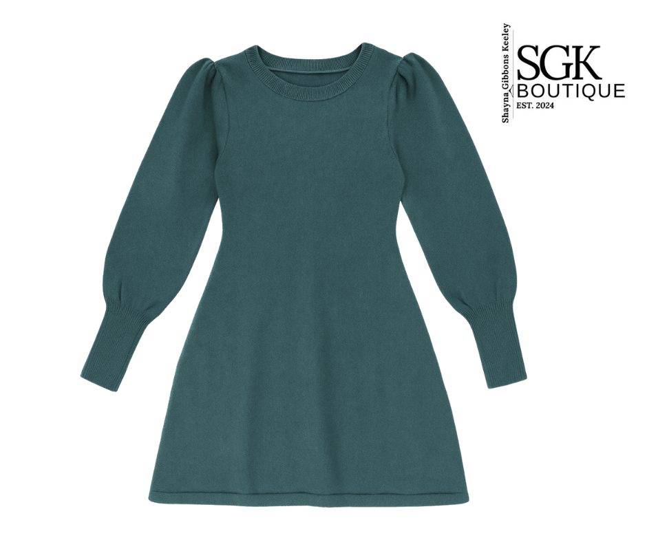 Teal dress with puff sleeves on a white background, featuring the SGK Boutique logo.