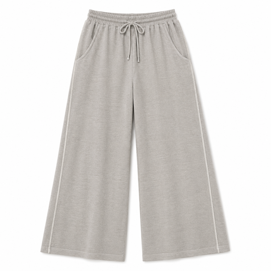 Gray wide-leg pants with a drawstring on a white background