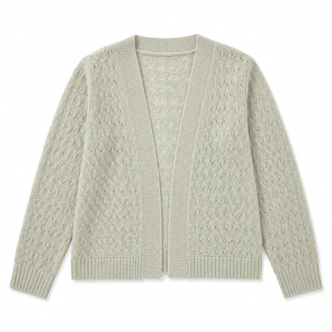 Light green cardigan with a textured pattern on a white background