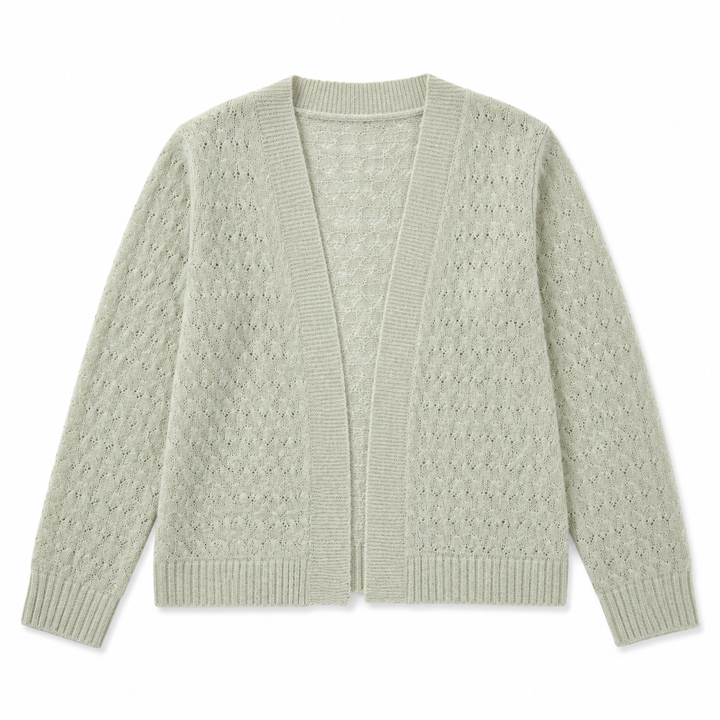 Light green cardigan with a textured pattern on a white background