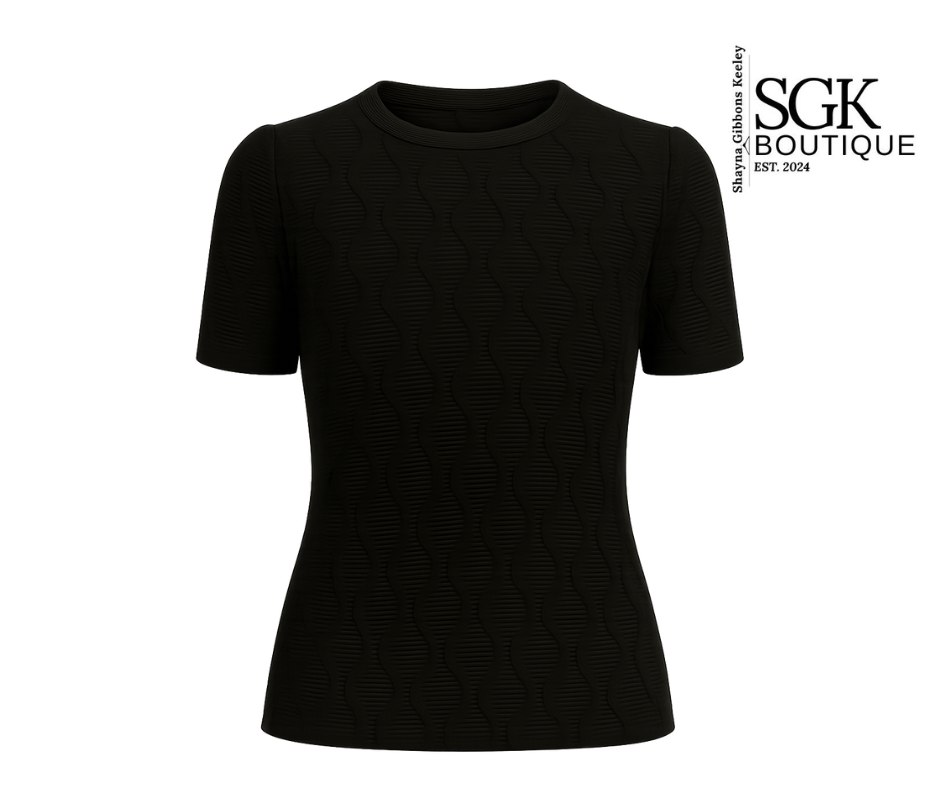 Black t-shirt on a white background with SGK Boutique logo.