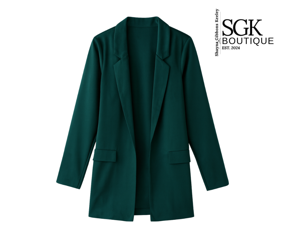 Green blazer on a white background with SGK Boutique logo.