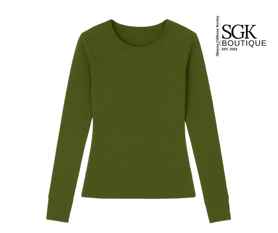Green long-sleeve shirt on a white background with SGK Boutique logo.