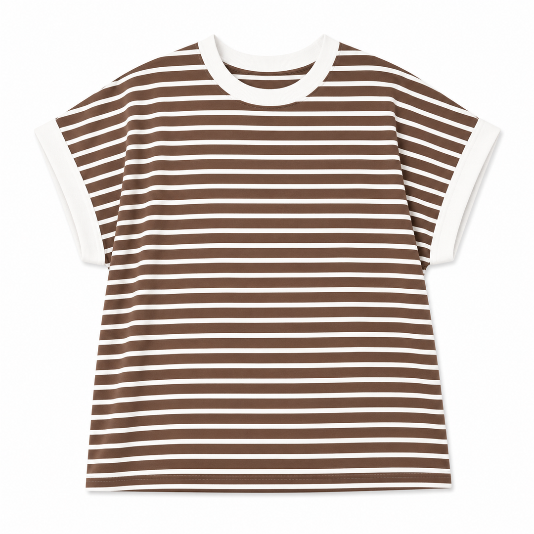 Brown and white striped t-shirt on a white background