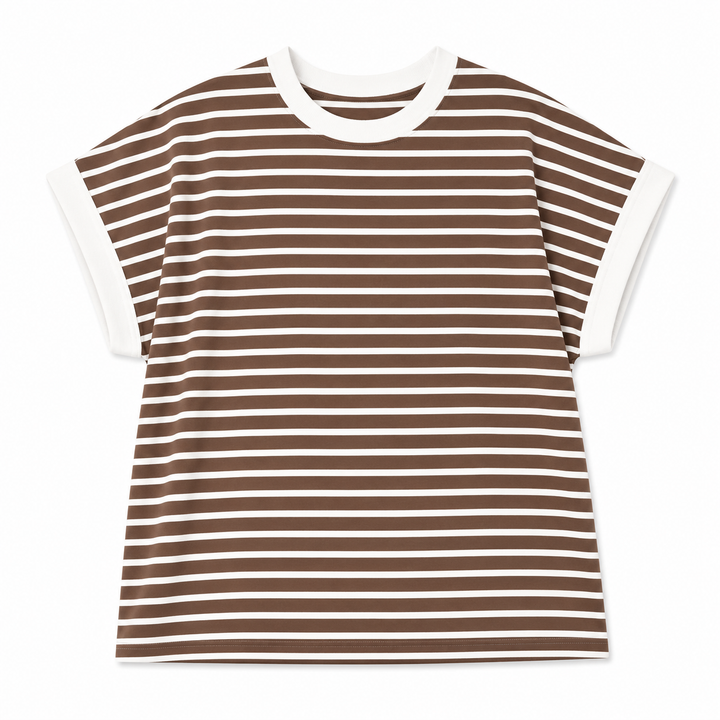 Brown and white striped t-shirt on a white background