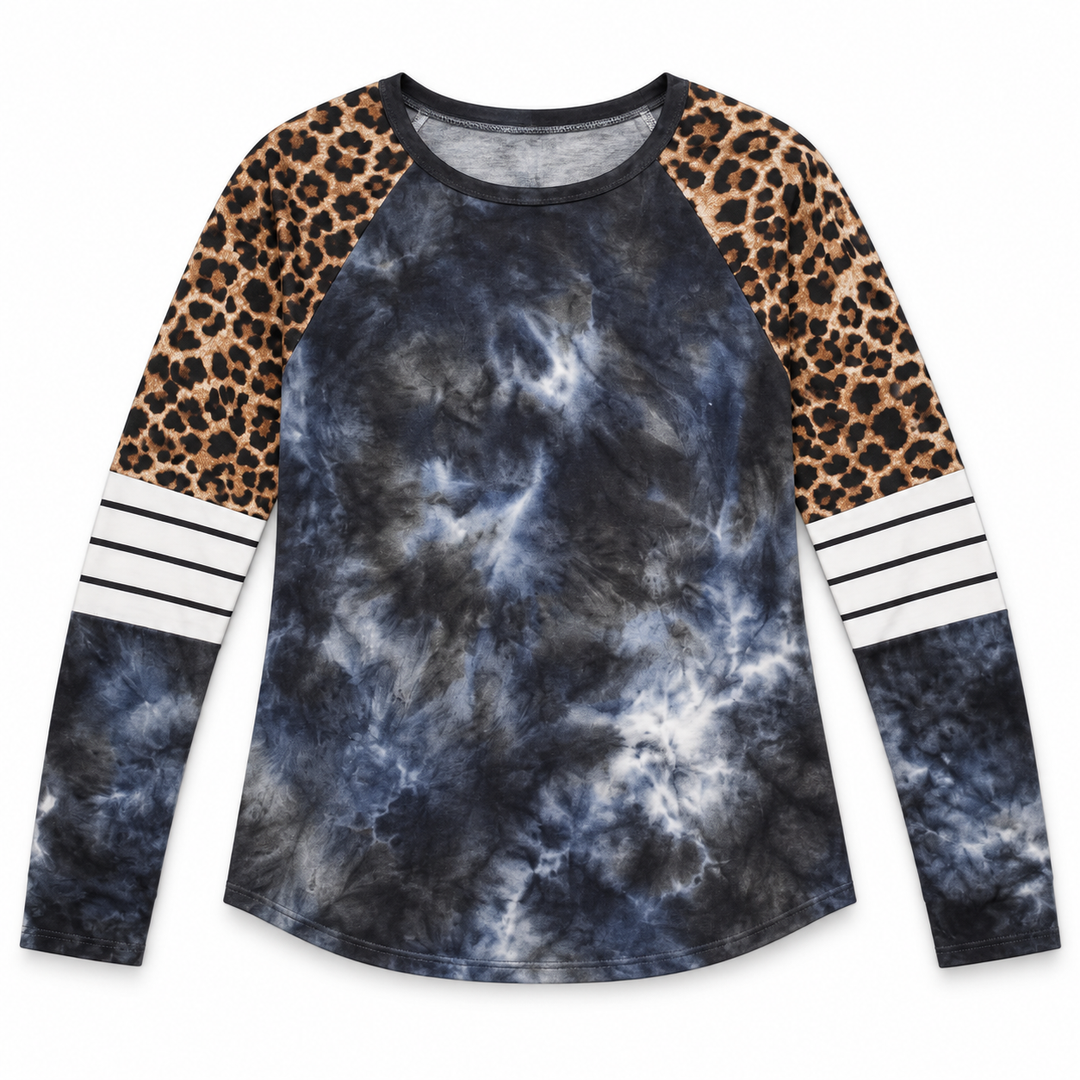 A long-sleeve raglan top with a blue and white tie-dye body, leopard print sleeves, and white stripes on the upper forearms, shown on a plain white background.