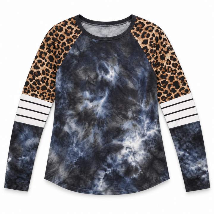 A long-sleeve raglan top with a blue and white tie-dye body, leopard print sleeves, and white stripes on the upper forearms, shown on a plain white background.