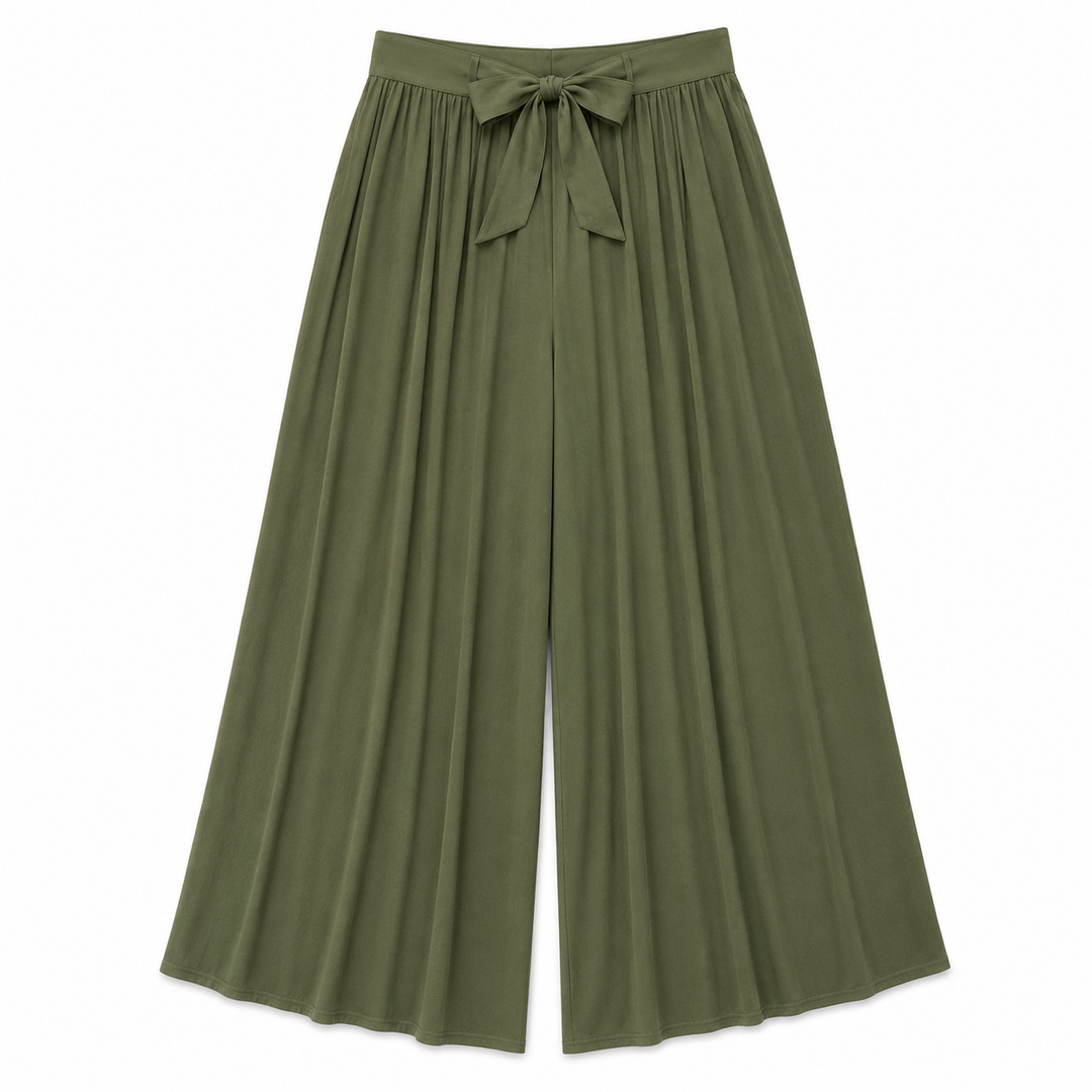 Green wide-leg pants with a tie waist on a white background