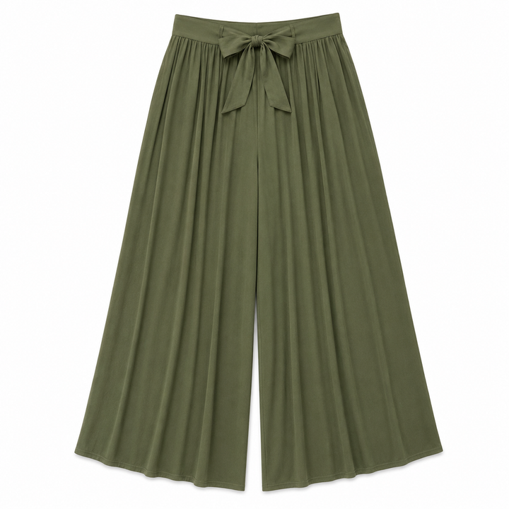 Green wide-leg pants with a tie waist on a white background