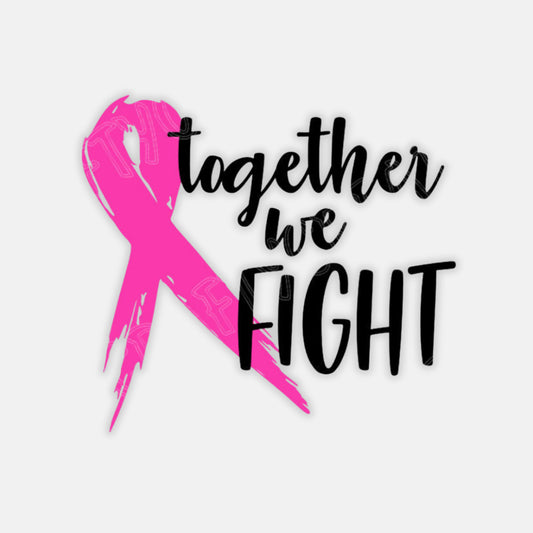 Pink ribbon with 'Together We Fight' text on a light gray background