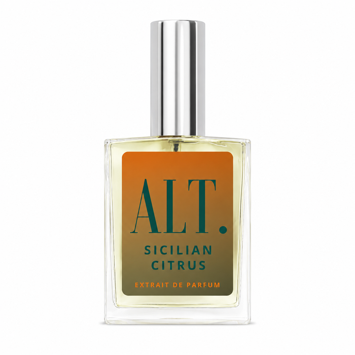 A square glass bottle of ALT. Sicilian Citrus extrait de parfum with a silver cap, featuring a gradient orange-to-olive label with dark green lettering, set against a plain white background.