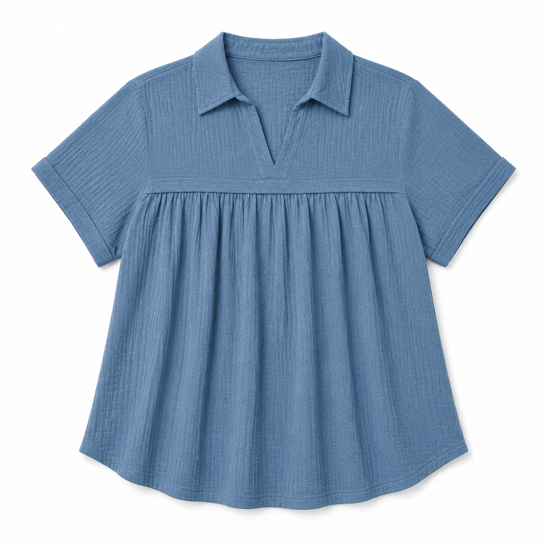 Blue short-sleeve blouse with a collar on a white background