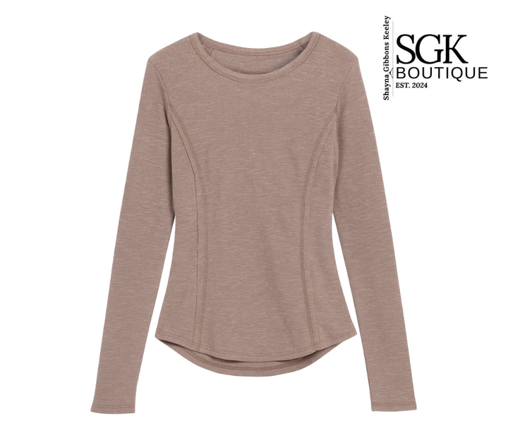 Mocha long-sleeve top on a white background with SGK Boutique logo.