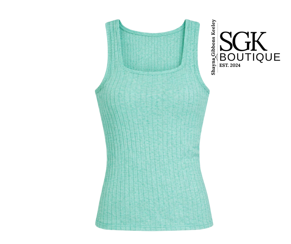 Turquoise tank top on a white background with SGK Boutique branding.