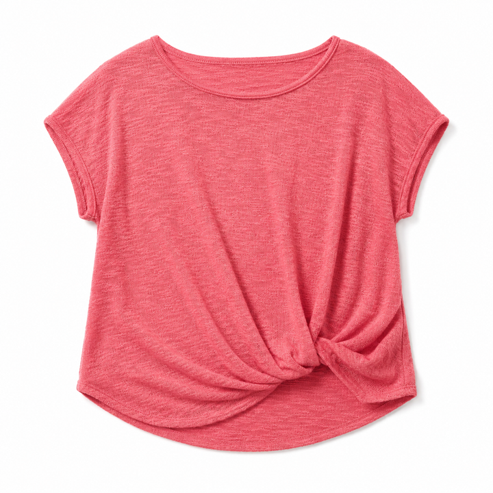 Pink t-shirt with a knot detail on a white background