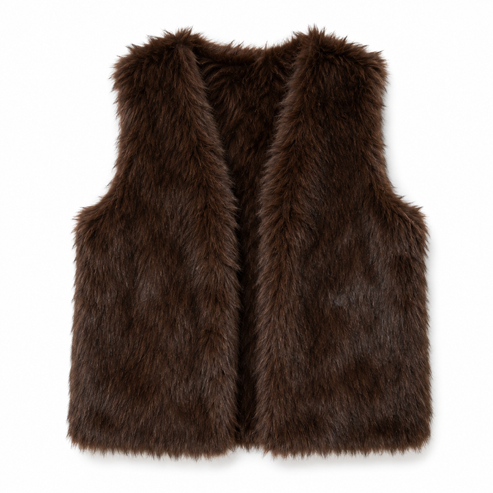 A dark brown faux fur vest with a shawl collar, shown flat against a white background.