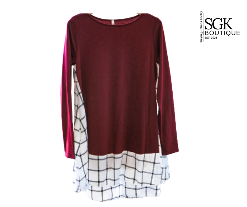 Maroon long-sleeve tunic with a white and black checkered tail shirt on a white background, featuring SGK Boutique branding.