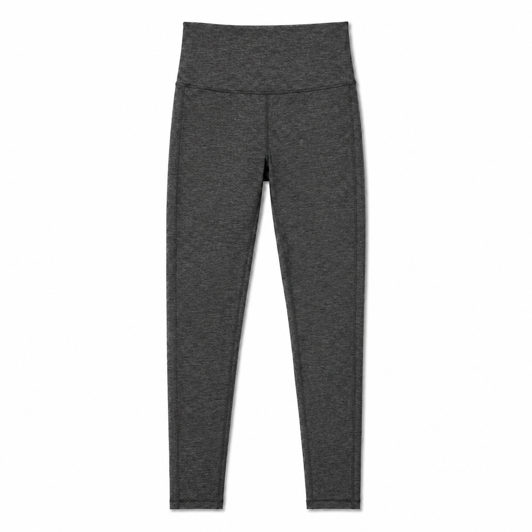 Dark gray heathered high-waisted leggings shown flat against a solid white background.