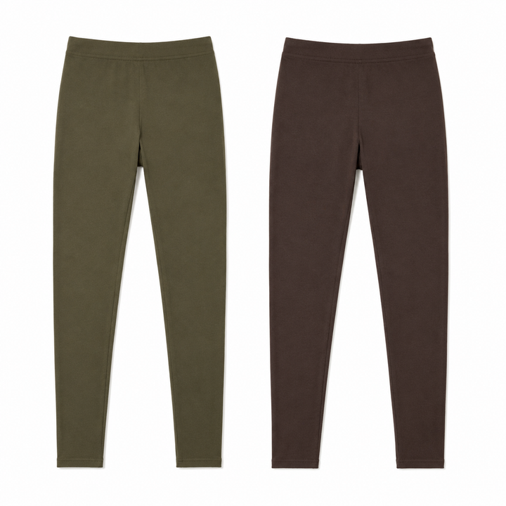 Two pairs of slim-fit leggings shown side by side on a plain white background. The left pair is olive green, and the right pair is dark brown.