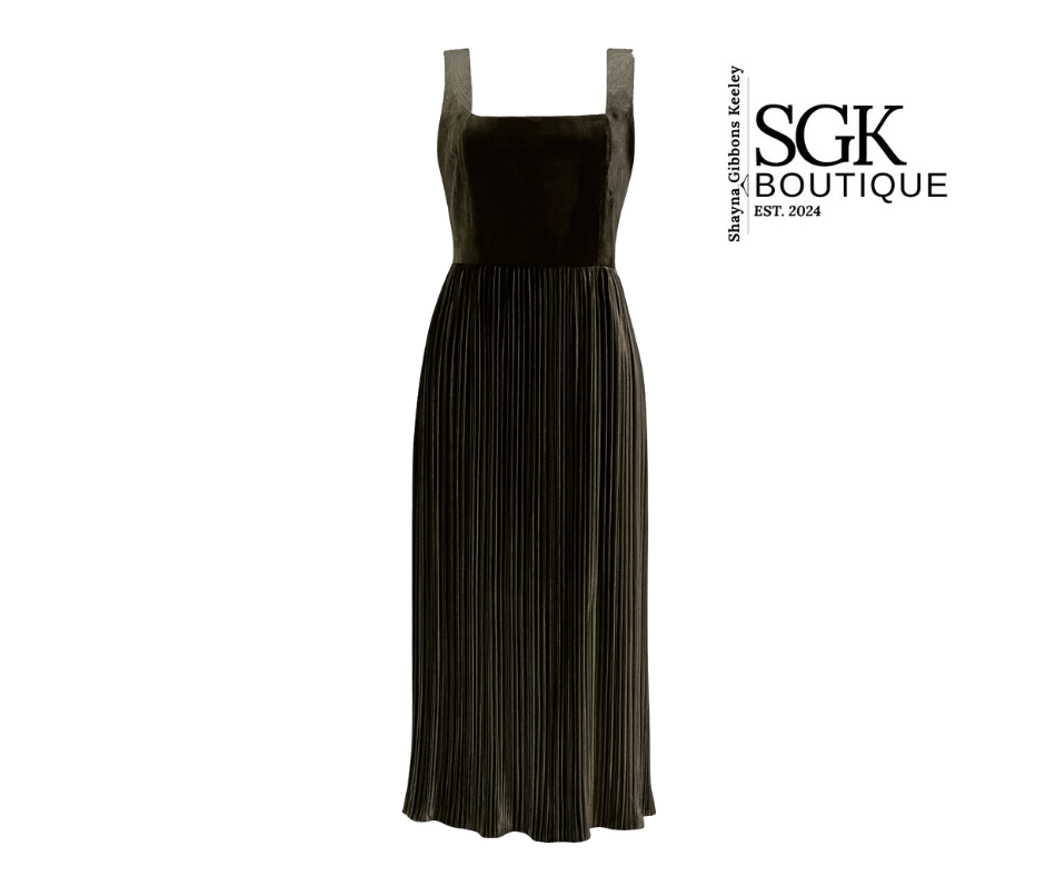 Olive pleated dress on a white background with SGK Boutique logo.