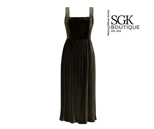Olive pleated dress on a white background with SGK Boutique logo.