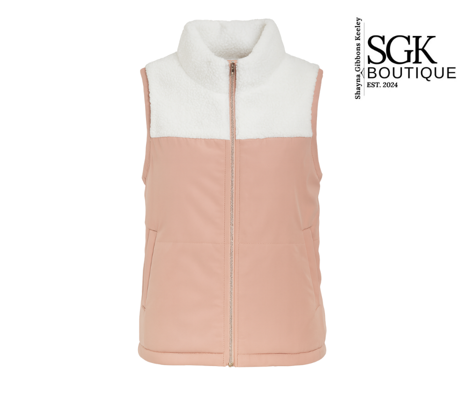 Two-tone vest with white collar and pink body on a white background, featuring SGK Boutique logo.