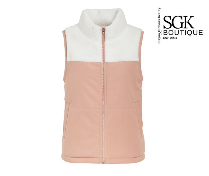 Two-tone vest with white collar and pink body on a white background, featuring SGK Boutique logo.