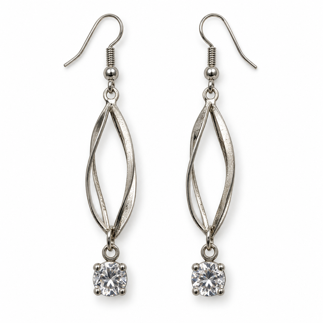 A pair of silver-toned dangle earrings with a twisted oval design and a clear square-cut gemstone hanging from each earring, shown against a plain white background.