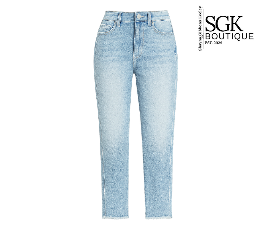 Light blue jeans on a white background with SGK Boutique logo.