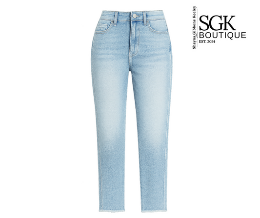 Light blue jeans on a white background with SGK Boutique logo.