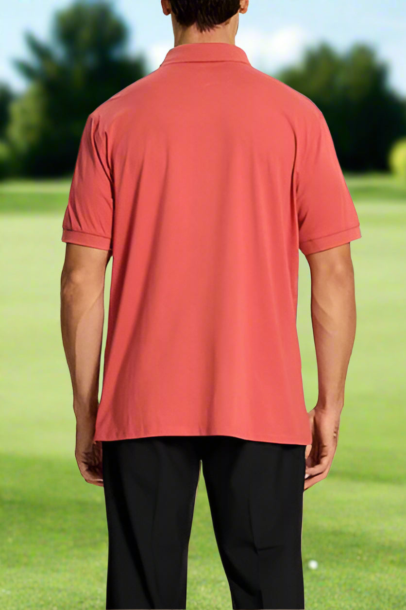 Person wearing a red polo shirt on a white background