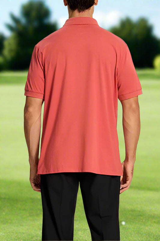 Person wearing a red polo shirt on a white background