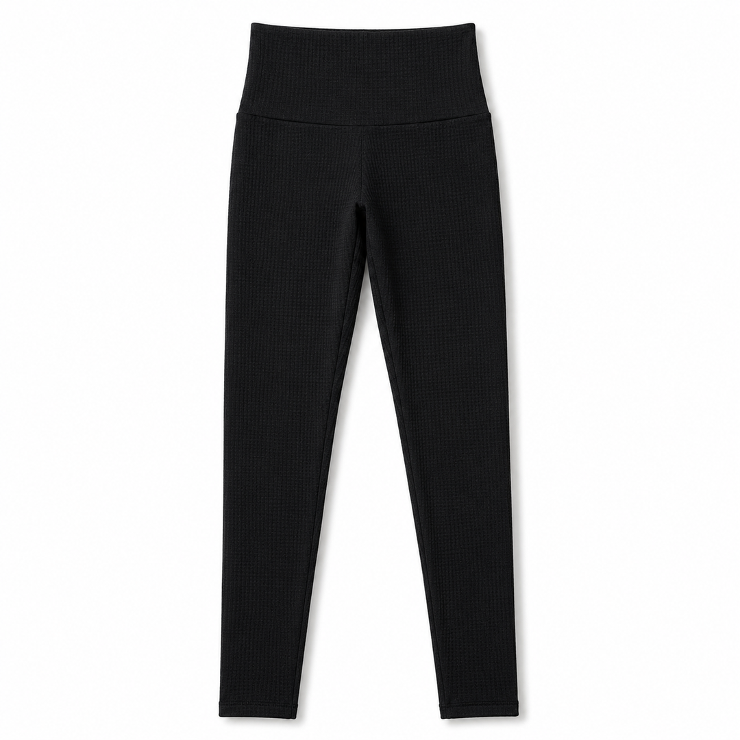 Black ribbed knit leggings with a high-waisted design, shown flat against a white background.