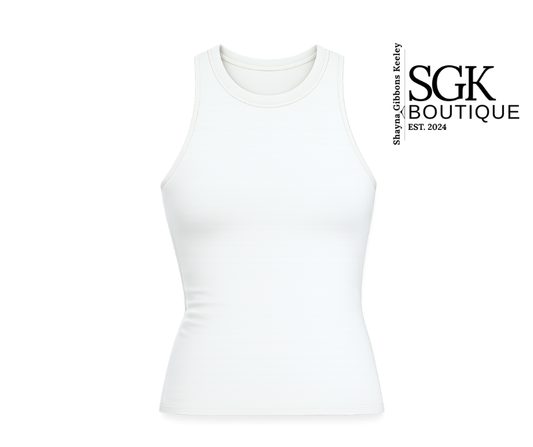 White tank top on a white background with SGK Boutique branding.