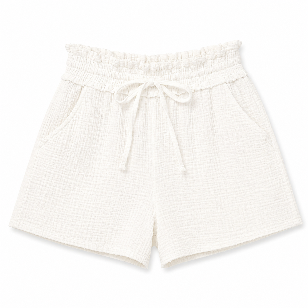 White shorts with a textured pattern on a white background