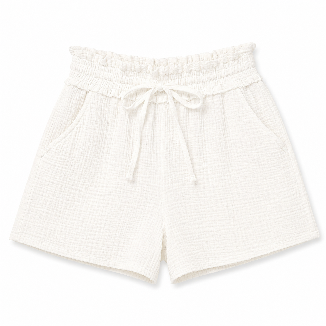 White shorts with a textured pattern on a white background