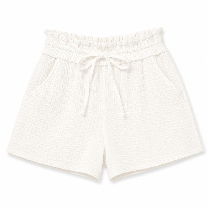 White shorts with a textured pattern on a white background
