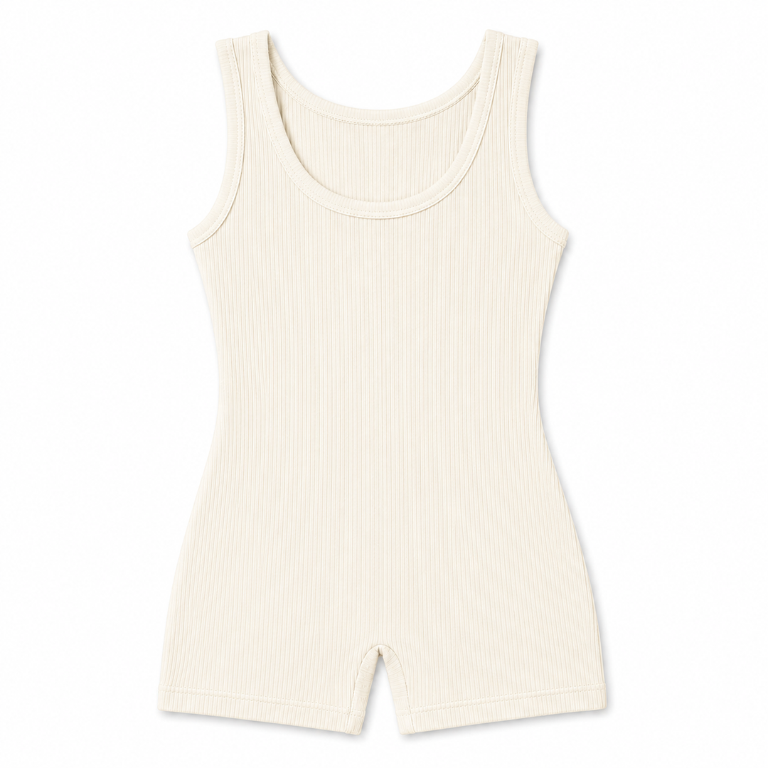 An off-white ribbed sleeveless shorts bodysuit with a scoop neckline, photographed flat against a solid white background.