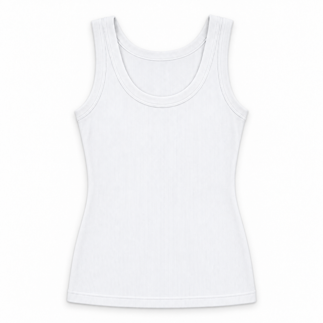 A white ribbed tank top with a scoop neck, displayed flat against a solid white background.
