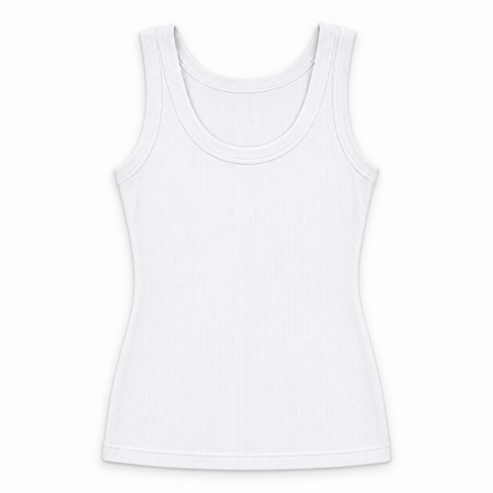 A white ribbed tank top with a scoop neck, displayed flat against a solid white background.
