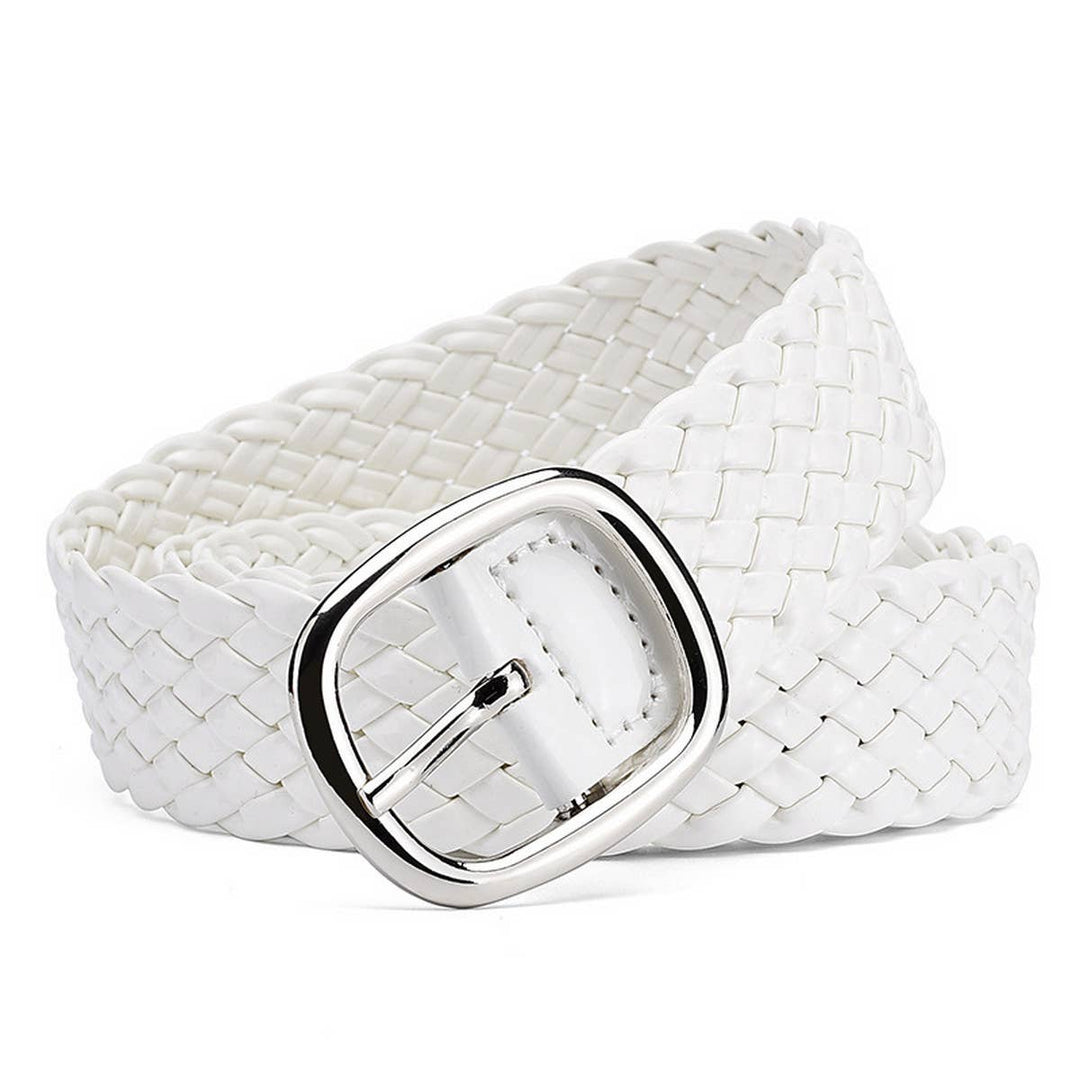 White woven belt with a silver buckle on a white background