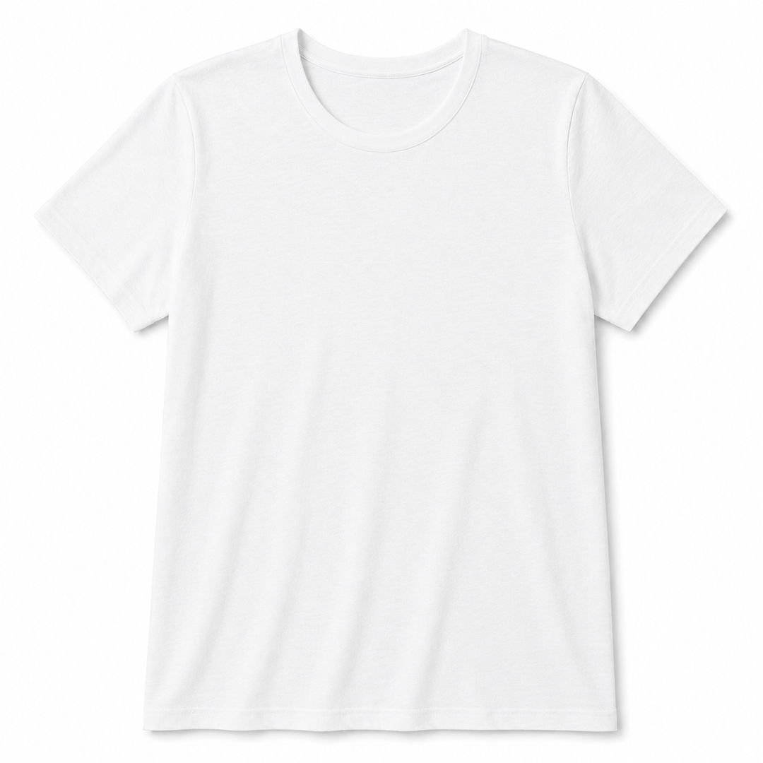 A plain white short-sleeve crewneck t-shirt shown flat against a white background.